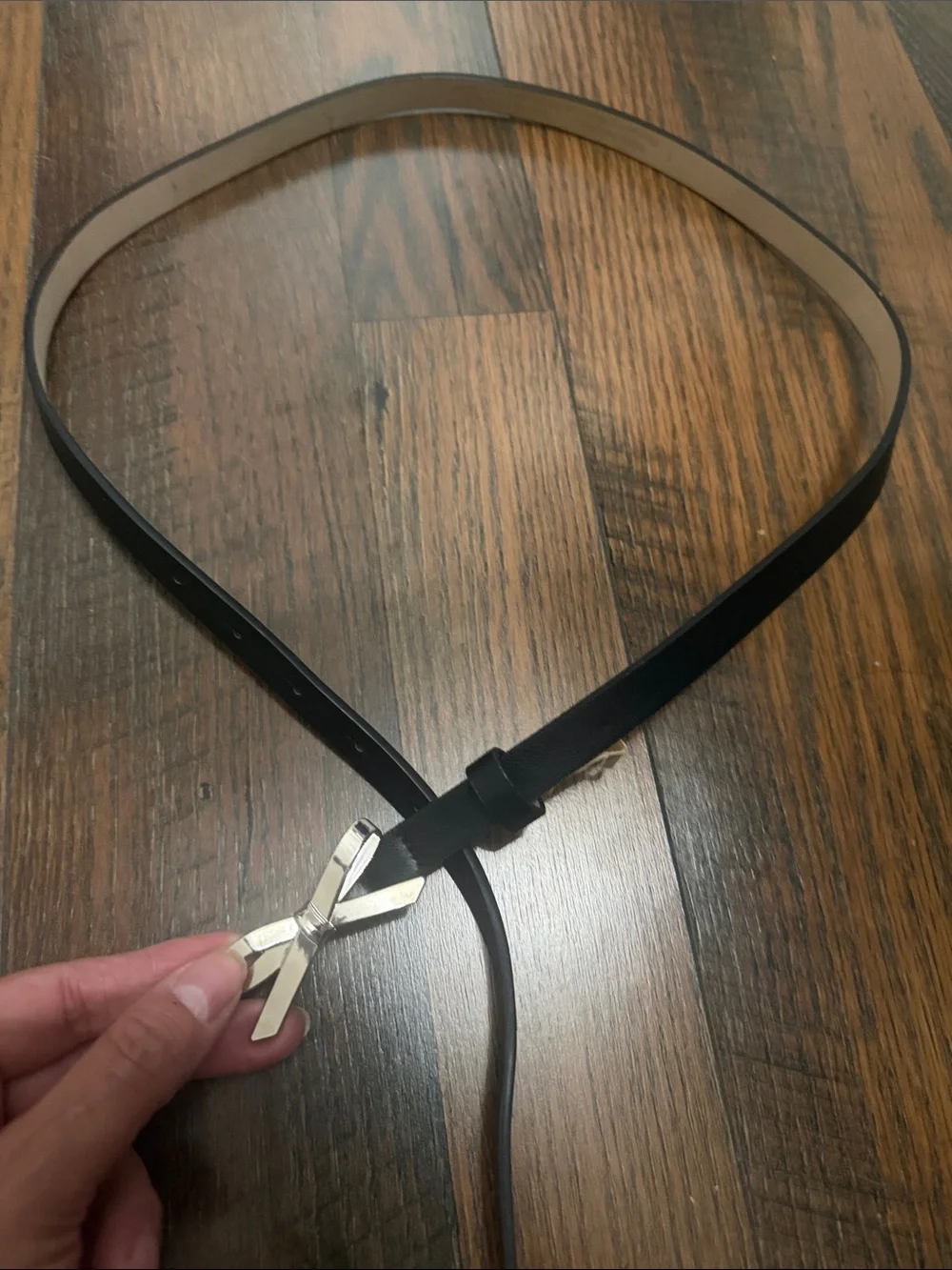 Black Women's Skinny Belt with Silver Bow Accent Large